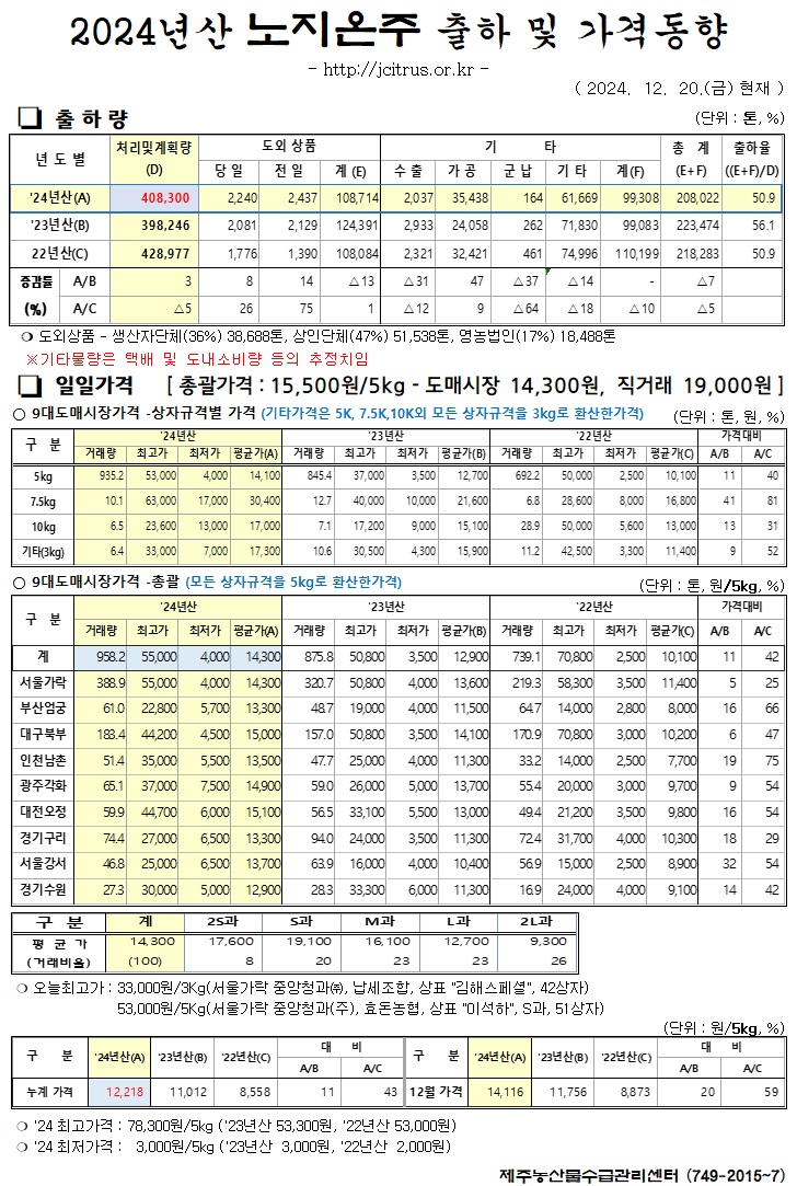 [노지온주]2024년산 출하 및 가격동향(12/20)