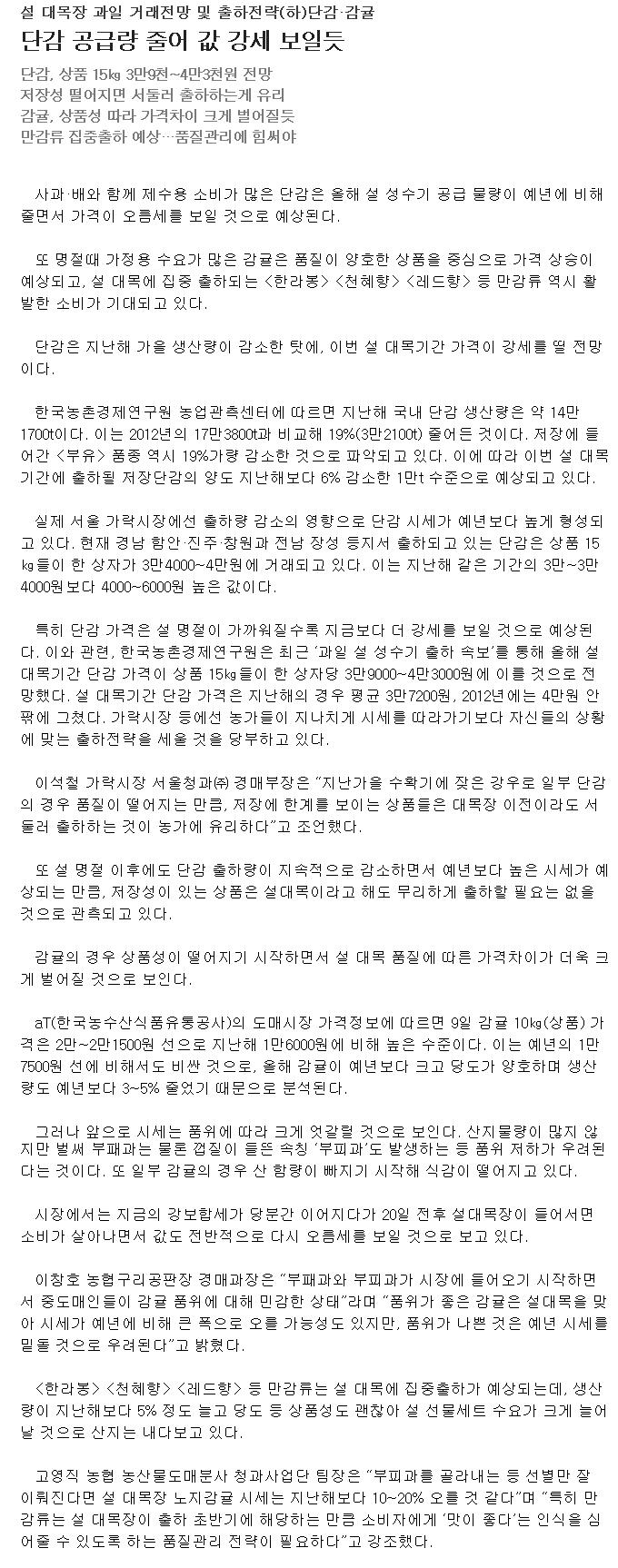 설 대목장 과일 거래전망 및 출하전략(단감,감귤)