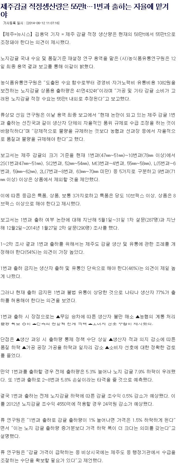 제주감귤 적정생산량 55만톤..1번과 출하는 자율에 맡겨야