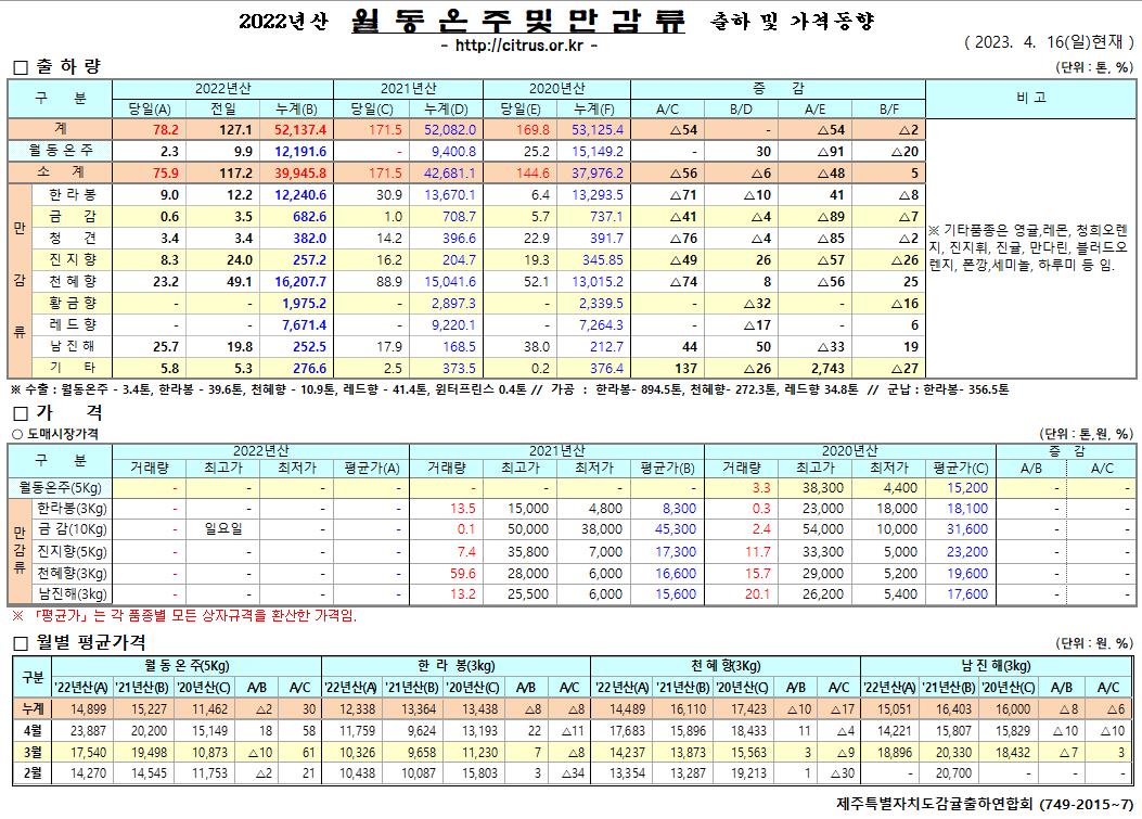 [월동&만감]2022년산 출하 및 가격동향(4/16)