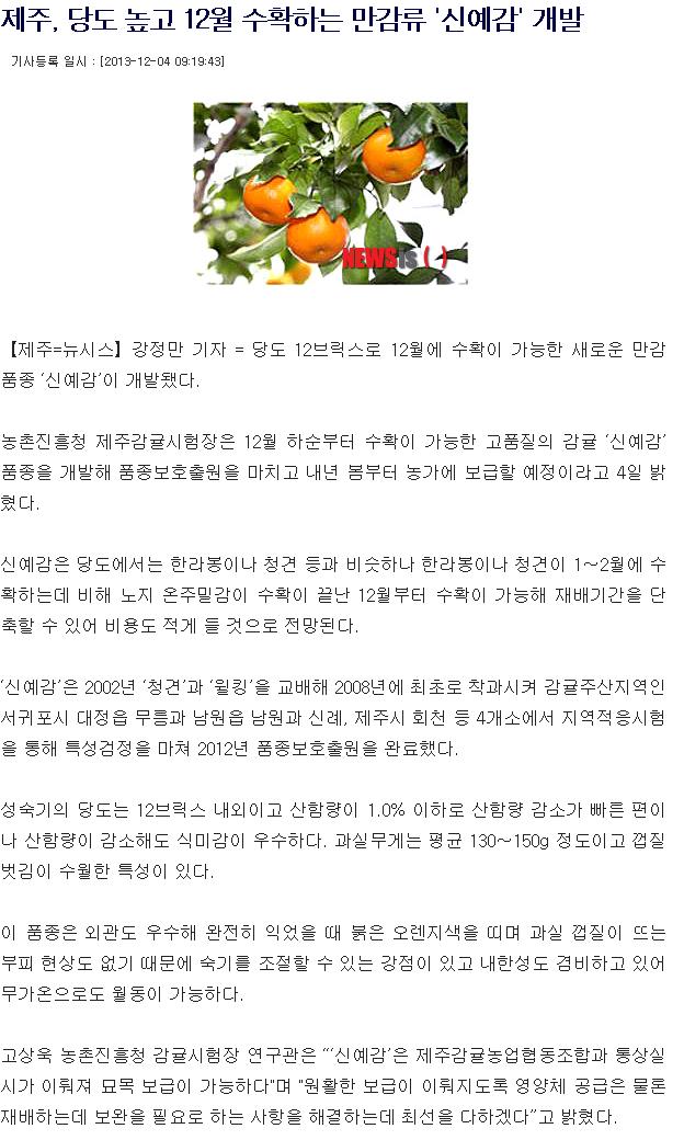 당도높고 12월 수확하는 만감류 '신에감' 개발