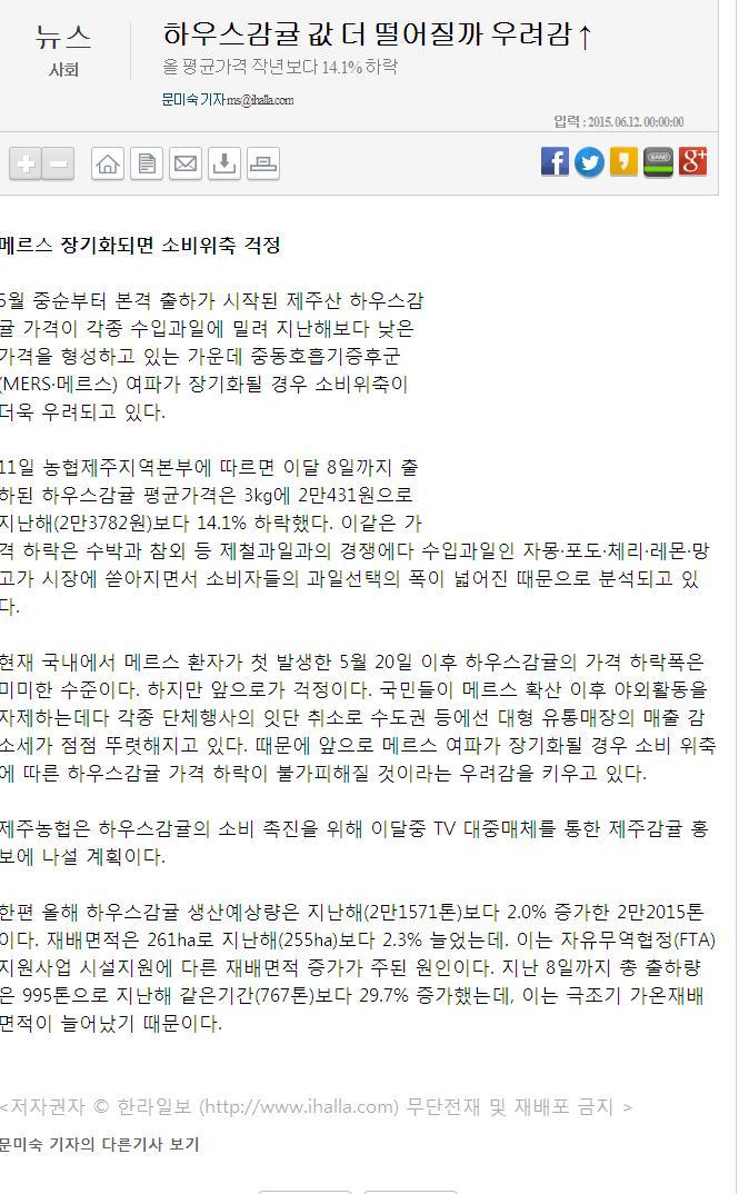 하우스감귤 값 더 떨어질까 우려