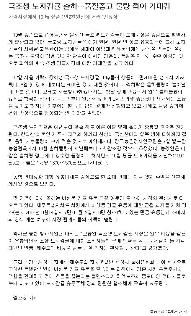 극조생 노지감귤 출하... 품질좋고 물량 적어 기대감..