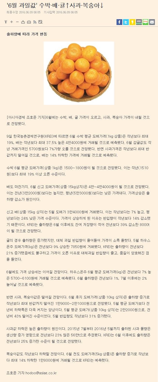 '6월 과일값' 수박·배·귤↑ 사과·복숭아↓