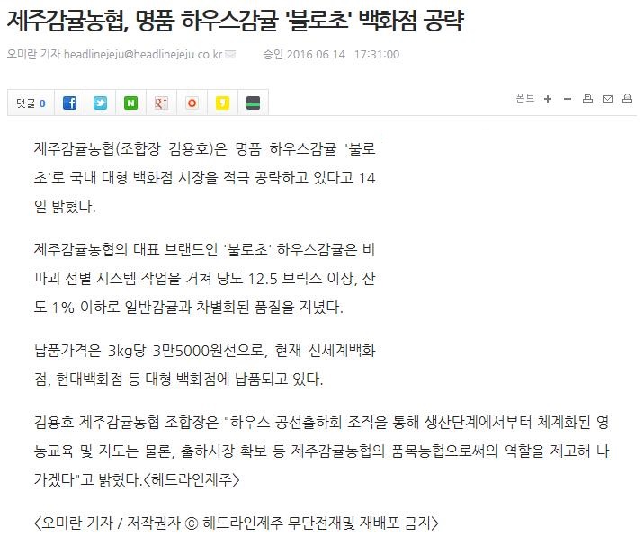 제주감귤농협,명품하우스감귤'불로초'백화점 공략