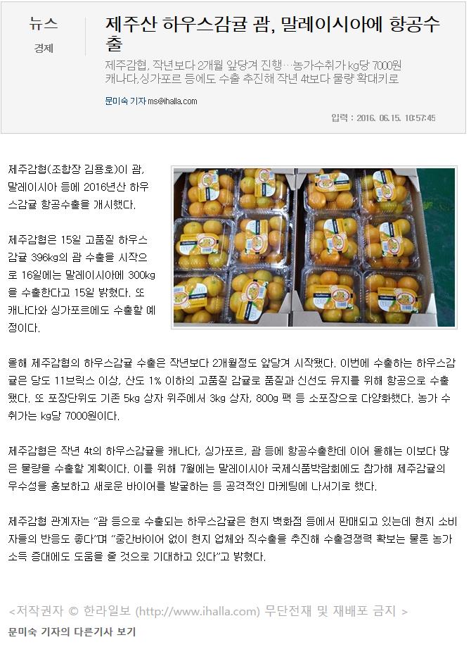 제주산 하우스감귤 괌,말레이시아에 항공수출