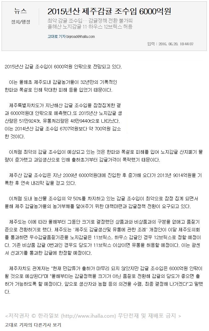 2015년산 제주감귤 조수입 6000억원