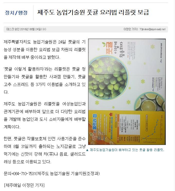 제주도 농업기술원 풋귤 요리법 리플릿 보급