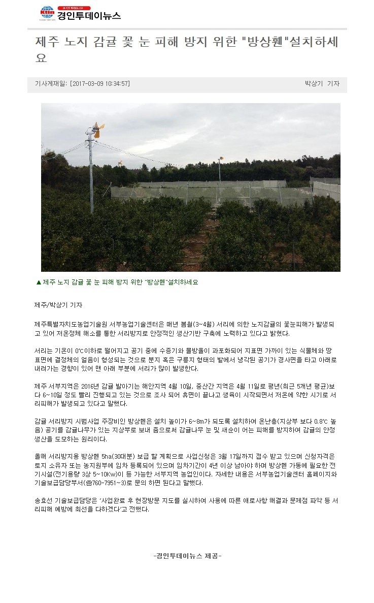 제주 노지감귤 꽃 눈 피해 방지 위한 '방상휀'설치하세요