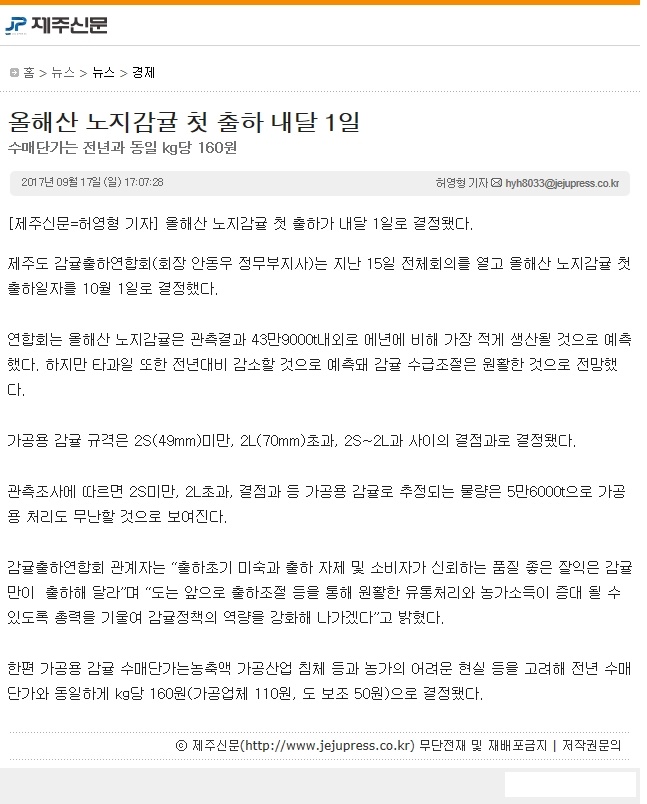 올해산 노지감귤 첫 출하 내달 1일