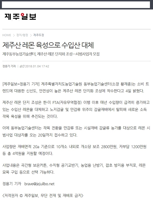 제주산 레몬 육성으로 수입산 대체