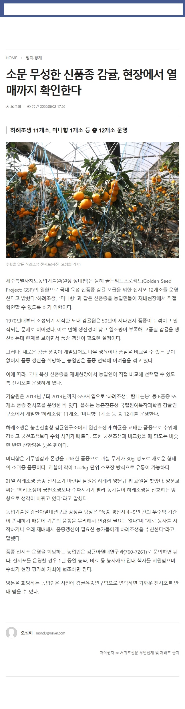 소문 무성한 신품종 감귤, 현장에서 열매까지 확인한다