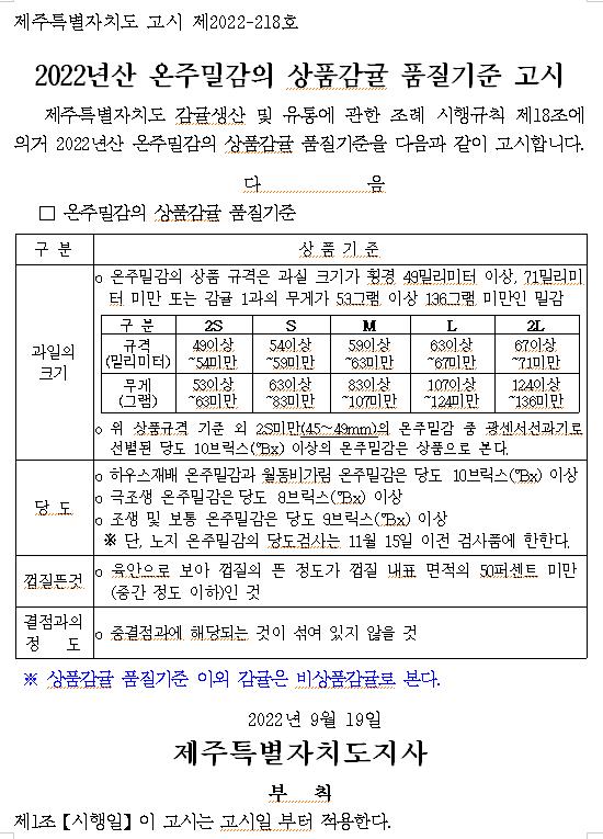 [공지]2022년산 온주밀감의 상품감귤 품질기준 고시
