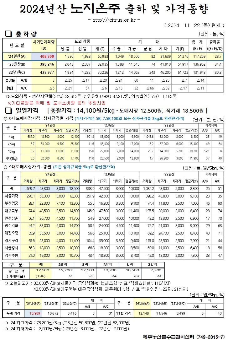 [노지온주]2024년산 출하 및 가격동향(11/28)