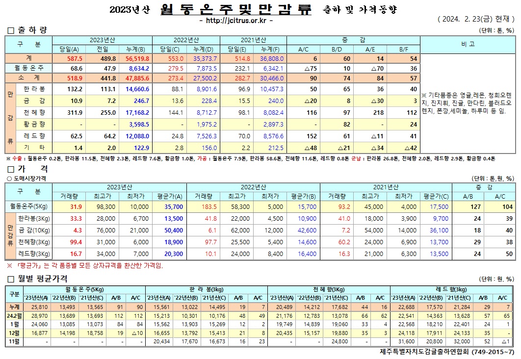 [월동&만감]2023년산 출하 및 가격동향(2/23)