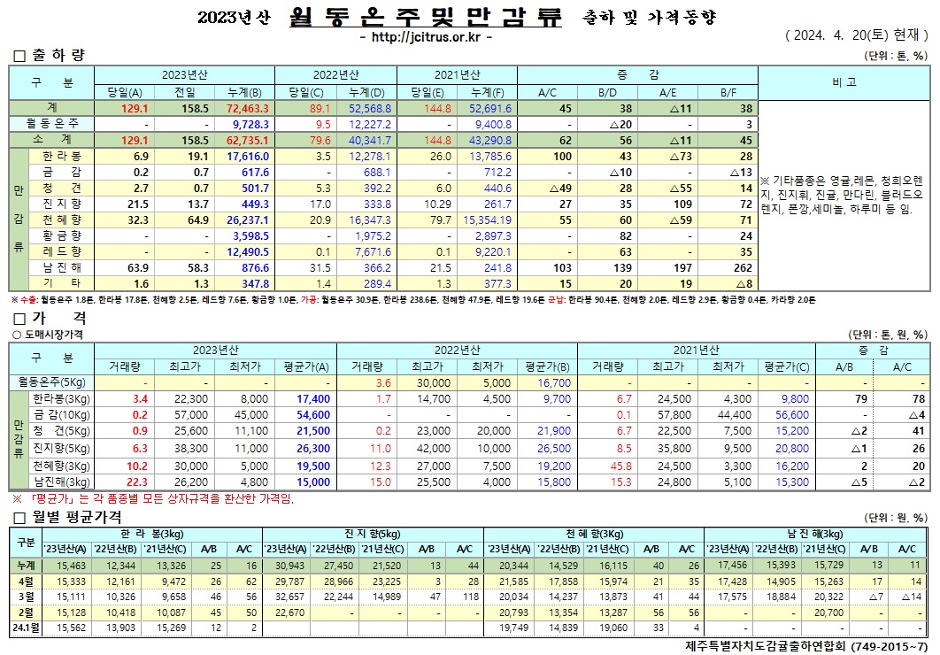 [월동&만감]2023년산 출하 및 가격동향(4/20)