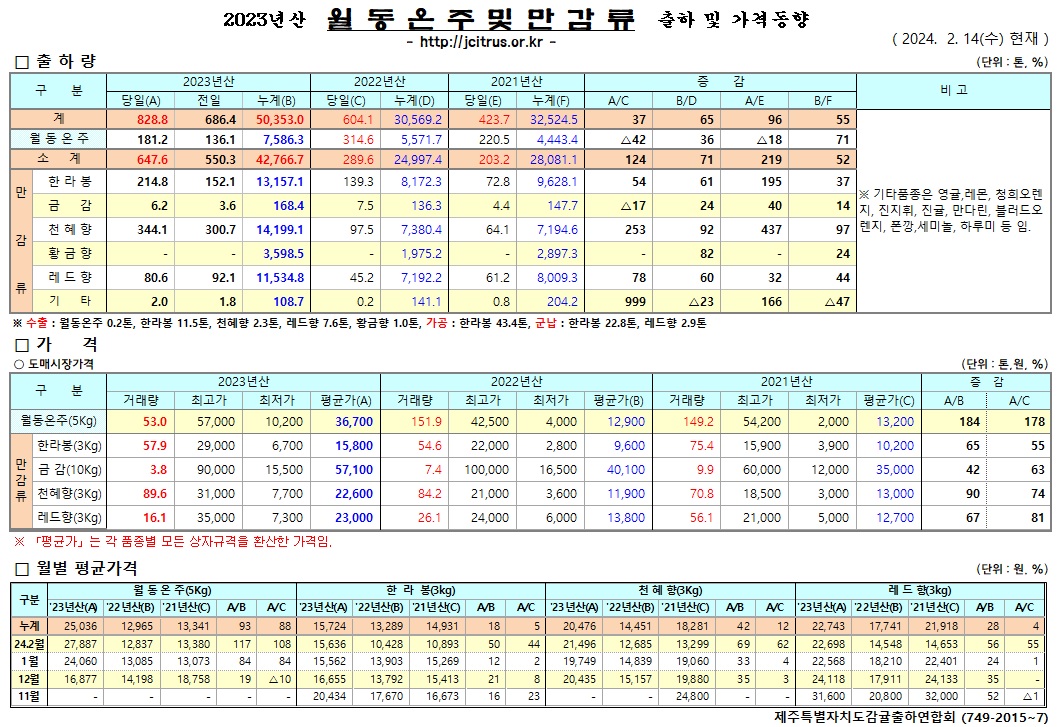 [월동&만감]2023년산 출하 및 가격동향(2/14)