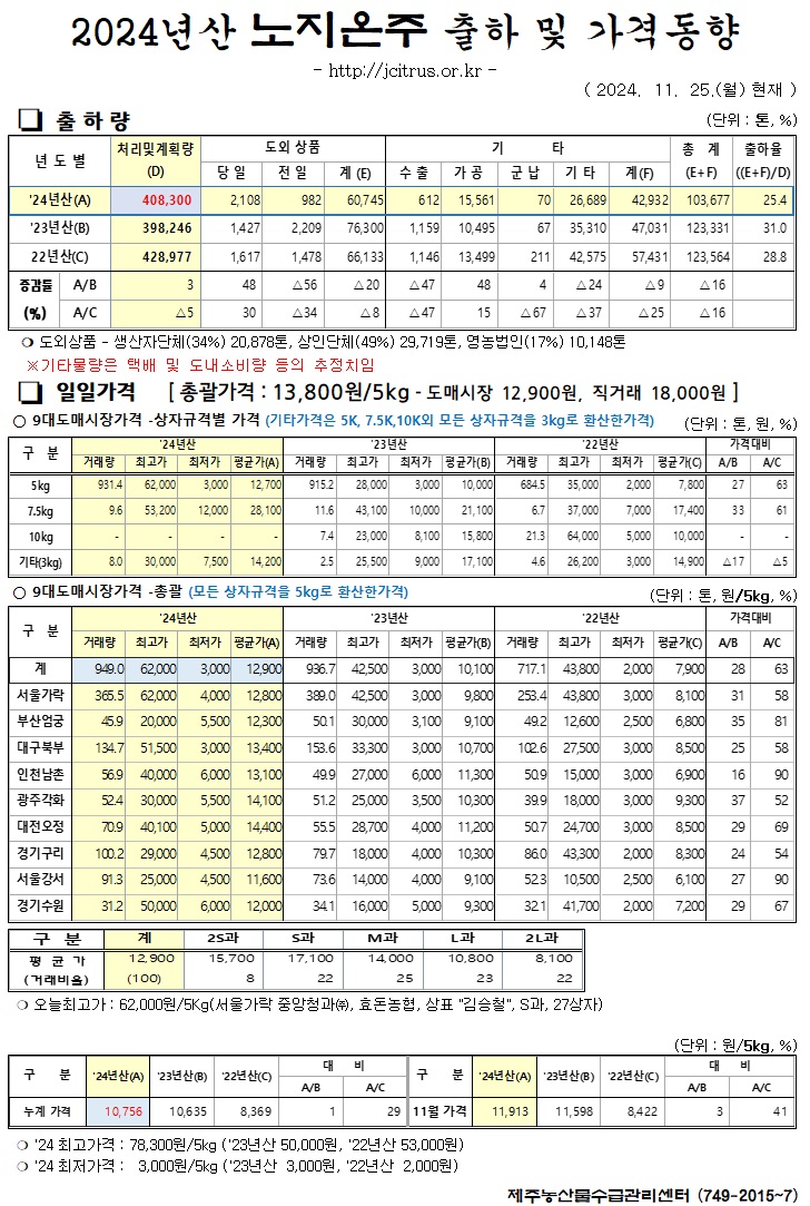 [노지온주]2024년산 출하 및 가격동향(11/25)