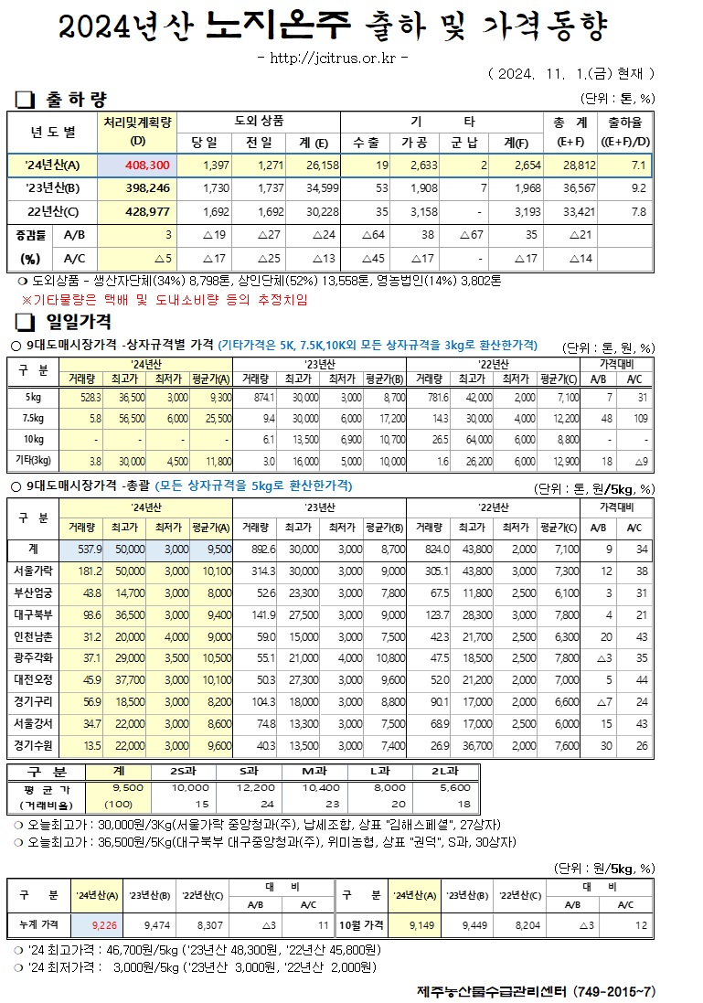 [노지온주]2024년산 출하 및 가격동향(11/1)