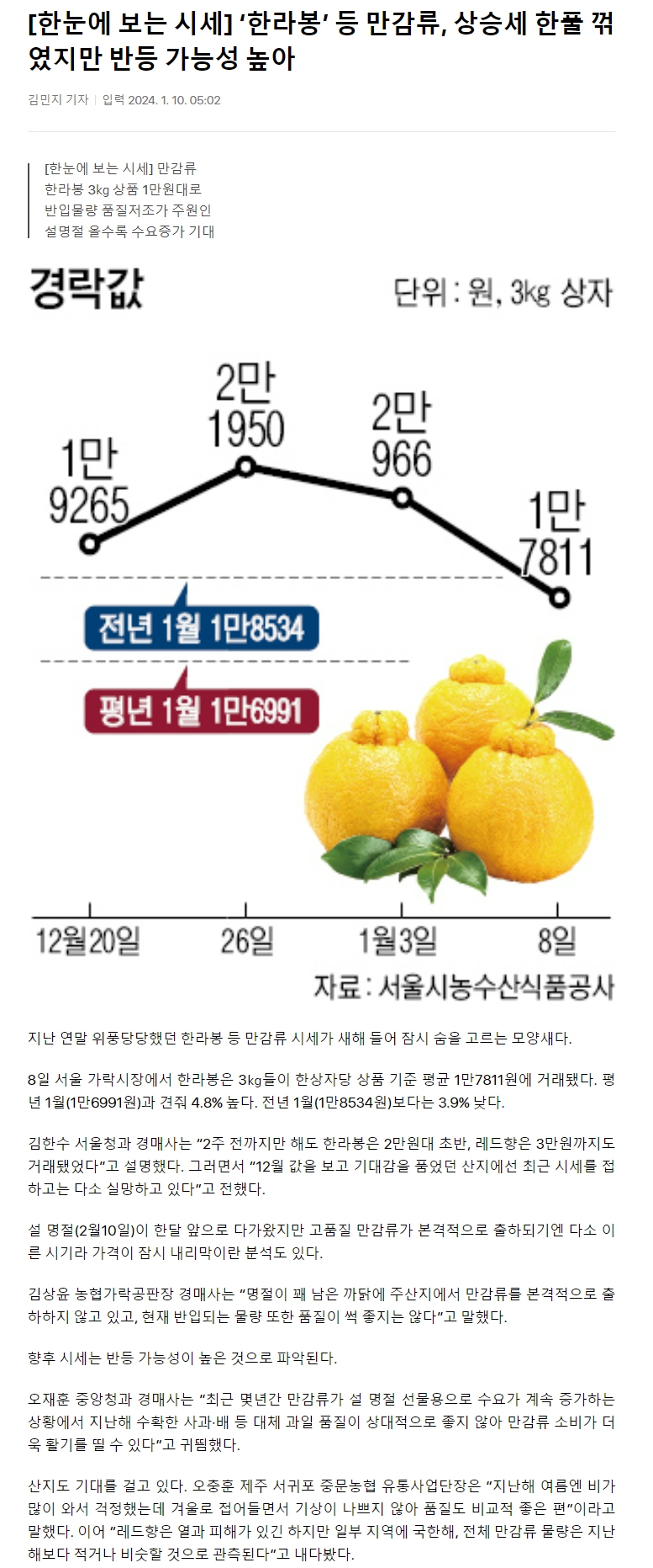 [한눈에 보는 시세] ‘한라봉’ 등 만감류, 상승세 한풀 꺾였지만 반등 가능성 높아