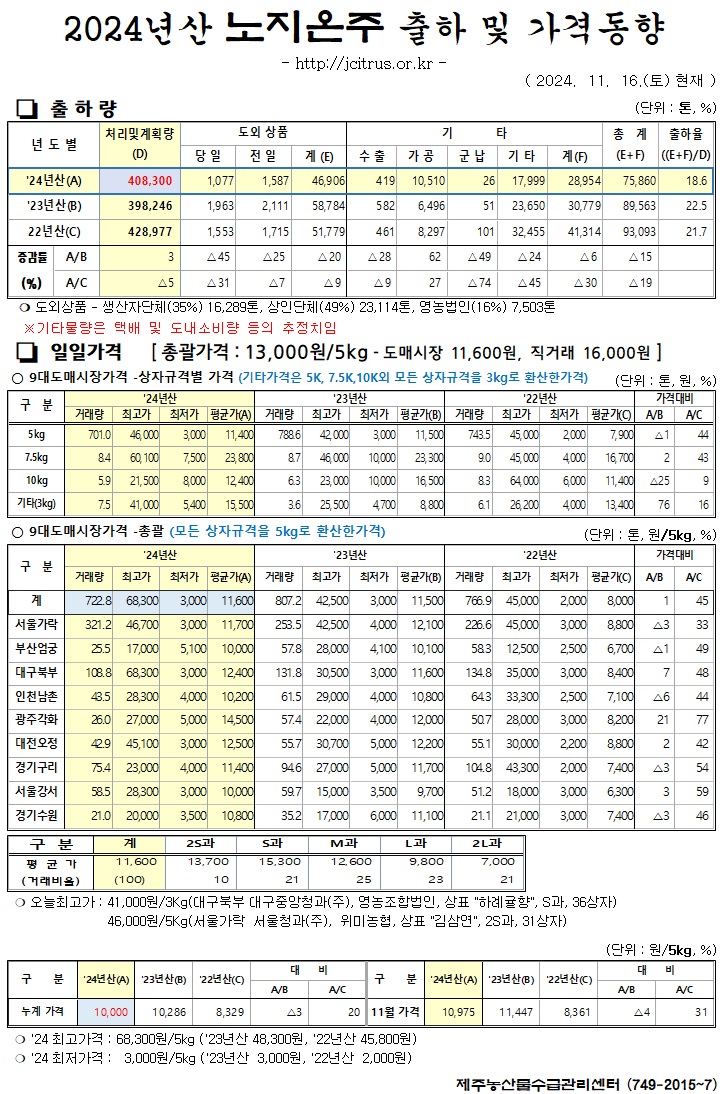 [노지온주]2024년산 출하 및 가격동향(11/16)
