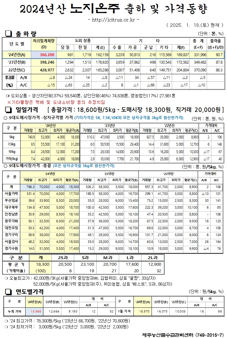 [노지온주]2024년산 출하 및 가격동향(1/18)