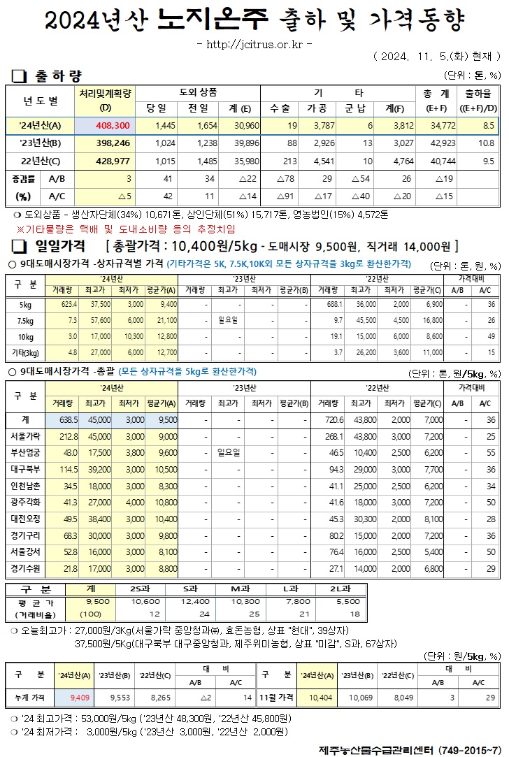 [노지온주]2024년산 출하 및 가격동향(11/5)