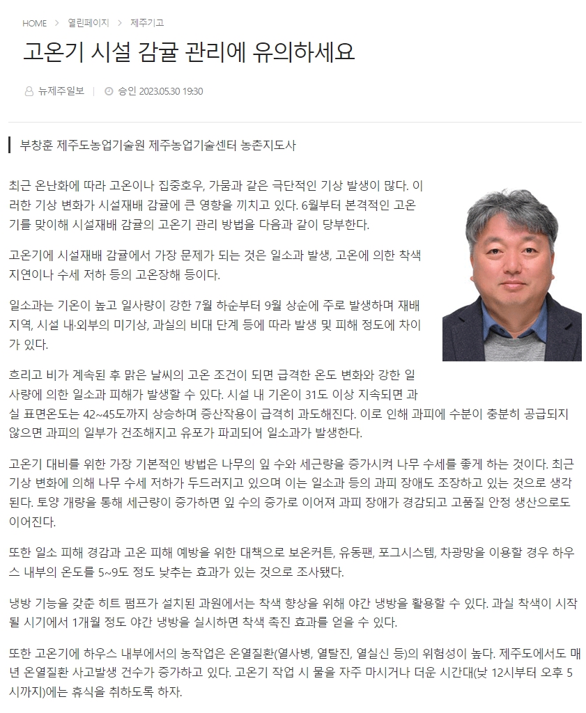 고온기 시설 감귤 관리에 유의하세요
