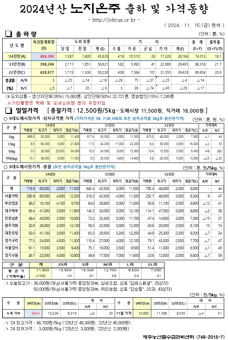 [노지온주]2024년산 출하 및 가격동향(11/15)