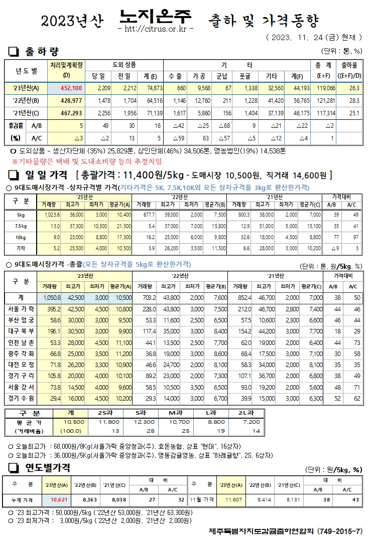 [노지온주]2023년산 출하 및 가격동향(11/24)