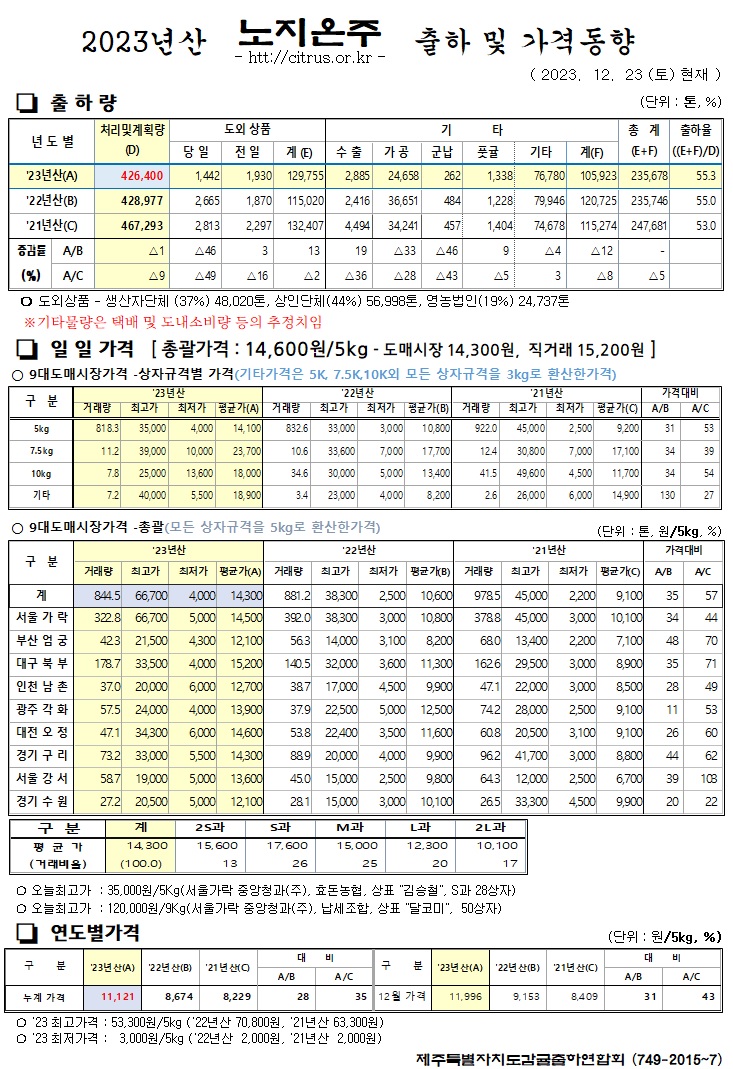 [노지온주]2023년산 출하 및 가격동향(12/23)