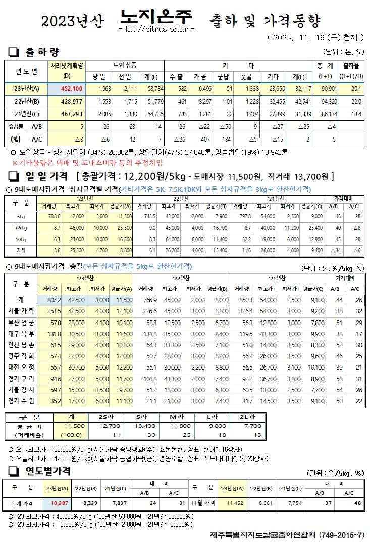 [노지온주]2023년산 출하 및 가격동향(11/16)