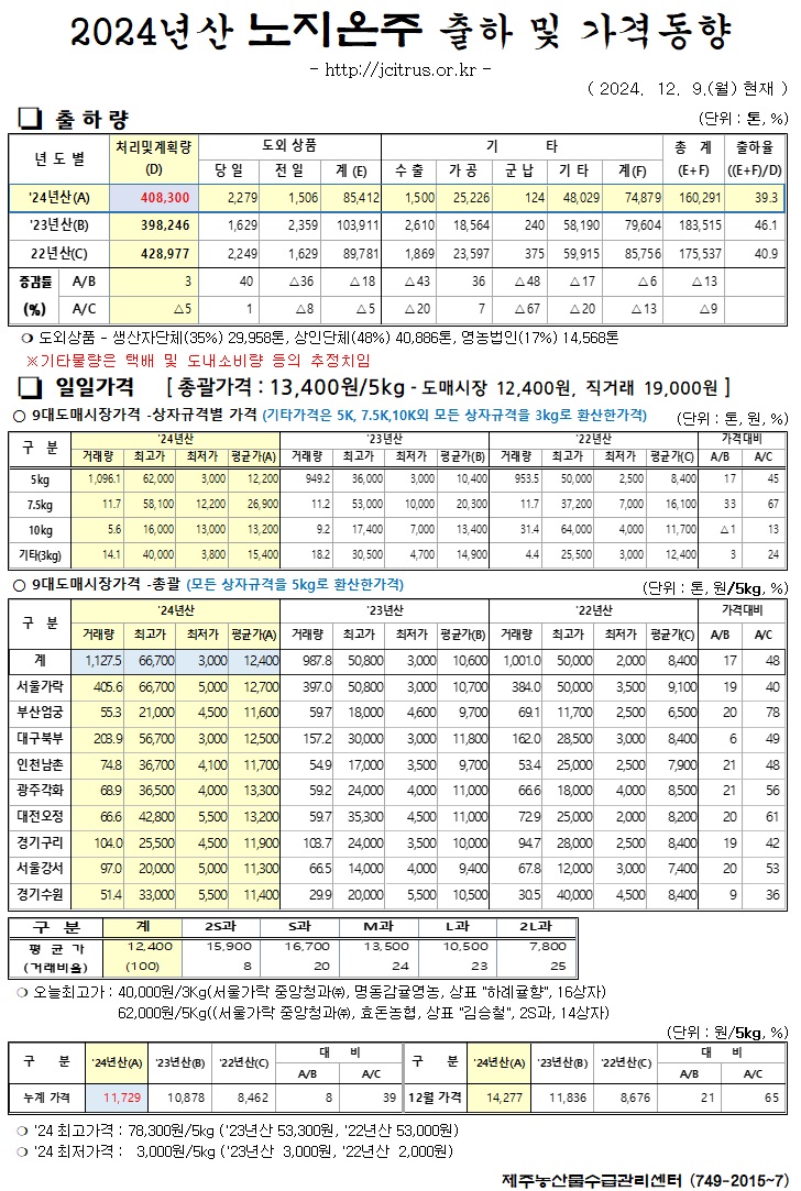 [노지온주]2024년산 출하 및 가격동향(12/9)