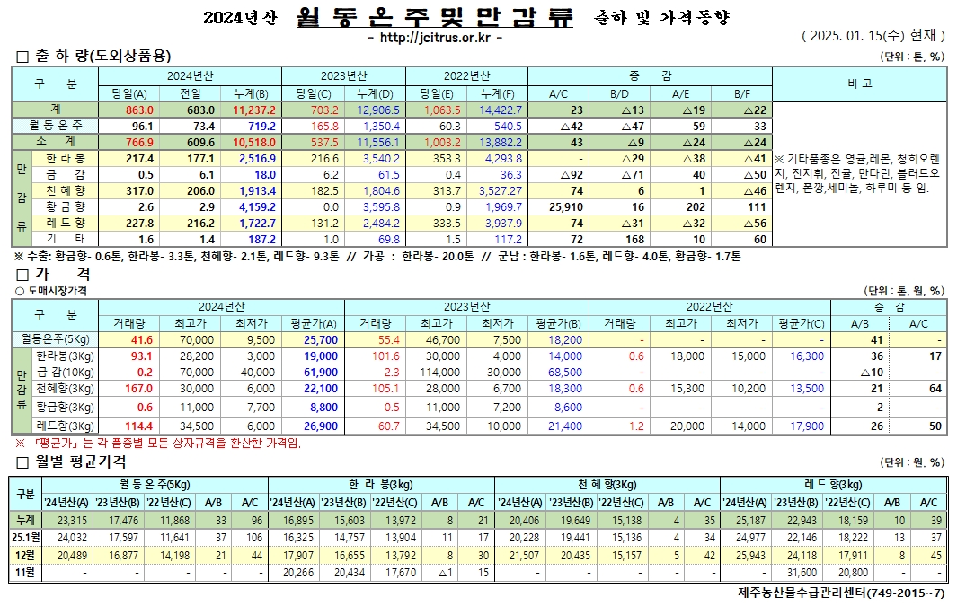 [월동&만감]2024년산 출하 및 가격동향(1/15)