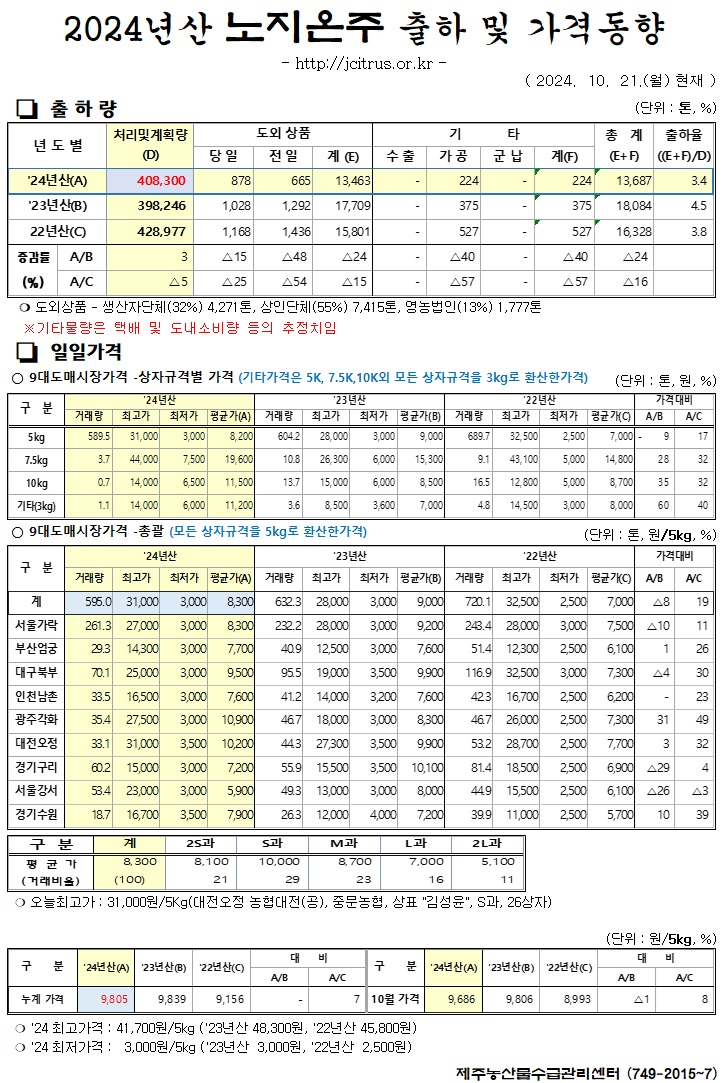 [노지온주]2024년산 출하 및 가격동향(10/21)