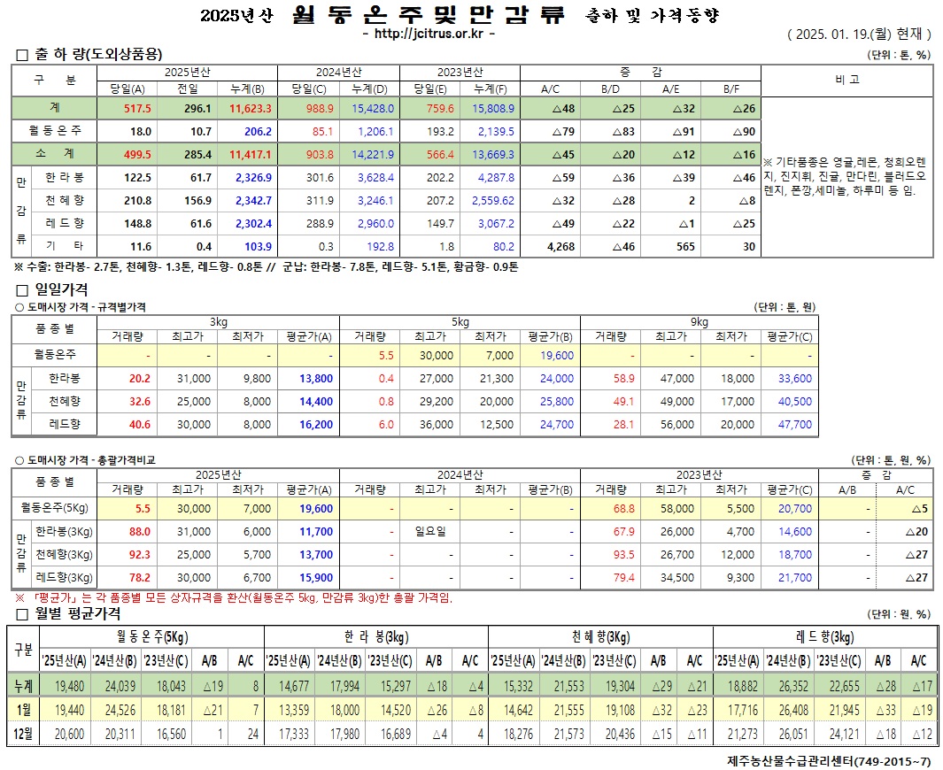 [월동&만감]2025년산 출하 및 가격동향(1/19)