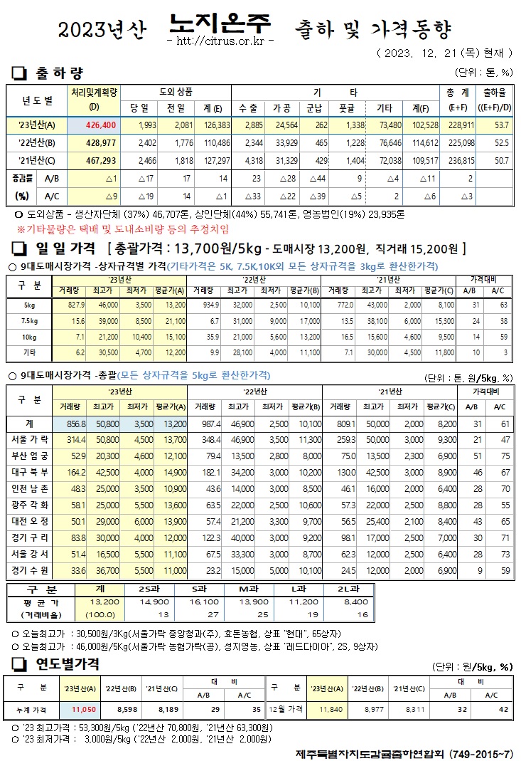 [노지온주]2023년산 출하 및 가격동향(12/21)