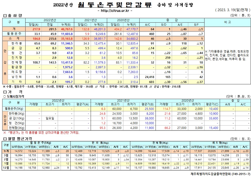 [월동&만감]2022년산 출하 및 가격동향(3/19)