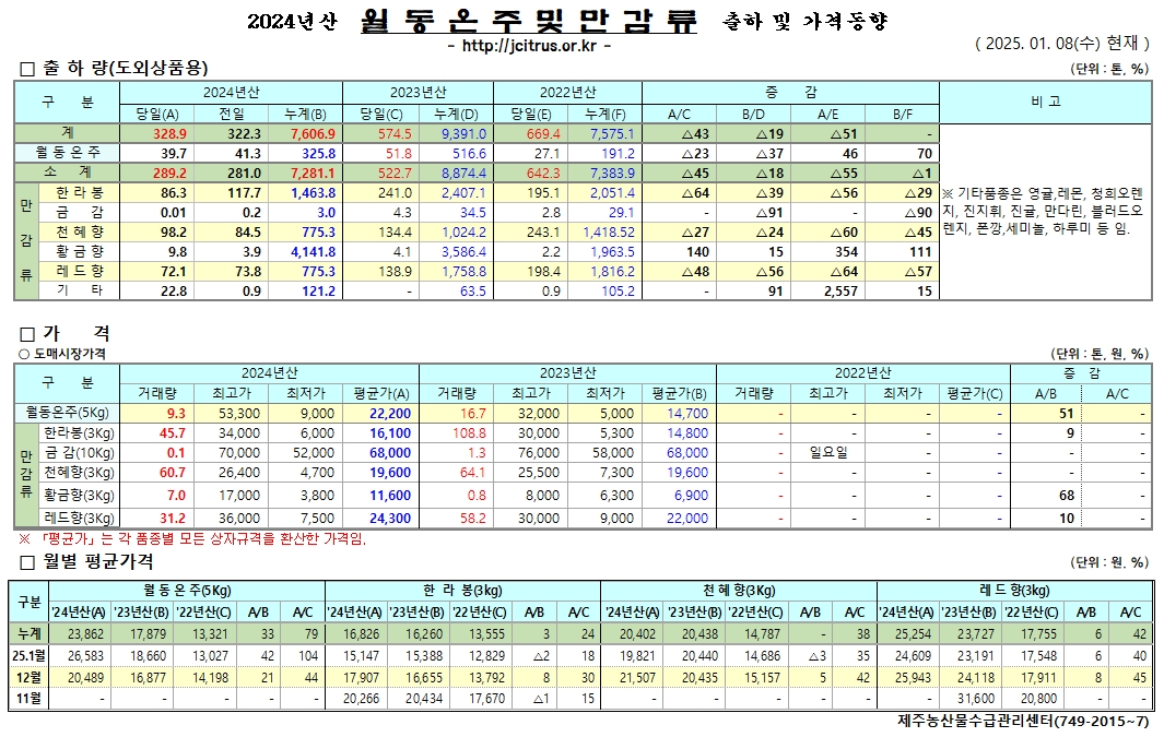 [월동&만감]2024년산 출하 및 가격동향(1/08)