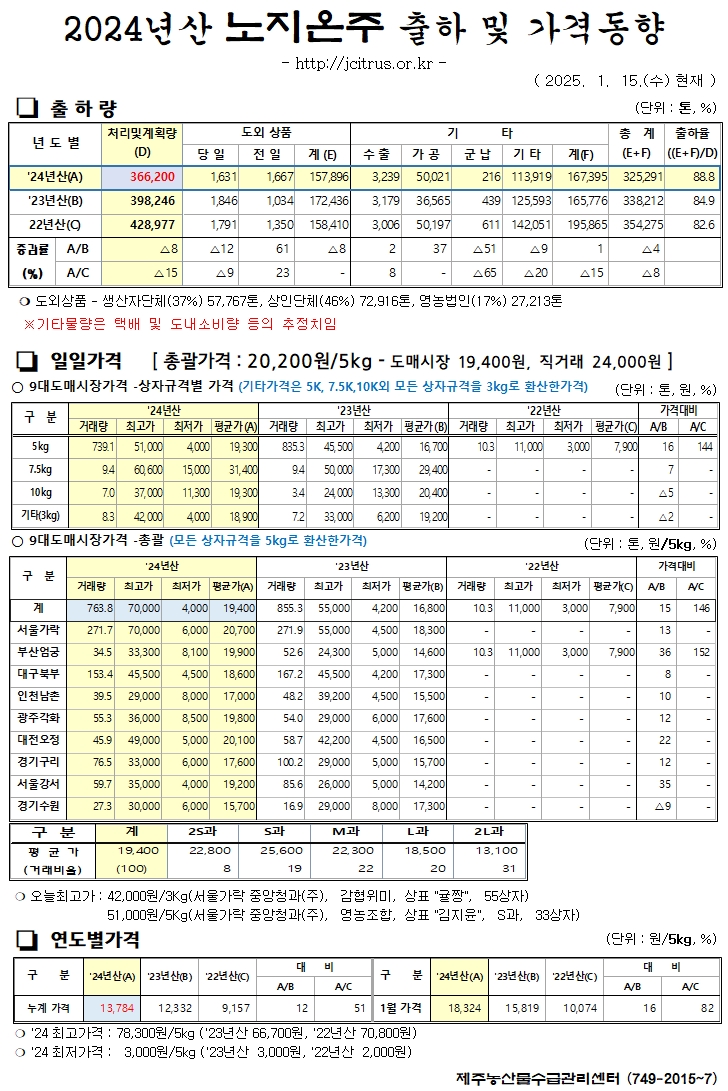 [노지온주]2024년산 출하 및 가격동향(1/15)