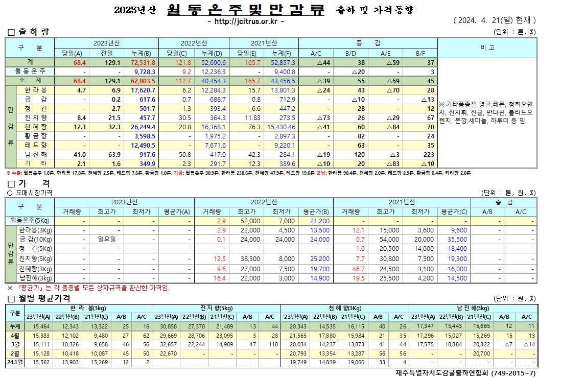 [월동&만감]2023년산 출하 및 가격동향(4/21)