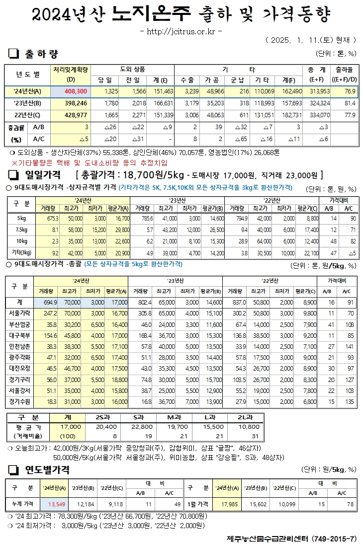 [노지온주]2024년산 출하 및 가격동향(1/11)