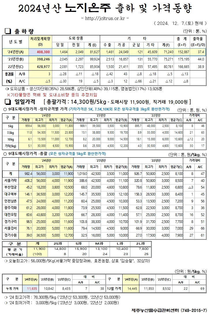 [노지온주]2024년산 출하 및 가격동향(12/7)