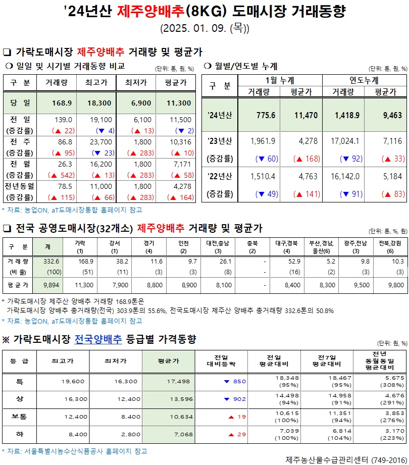 '24년산 제주양배추(8kg) 도매시장 거래동향(1/9)