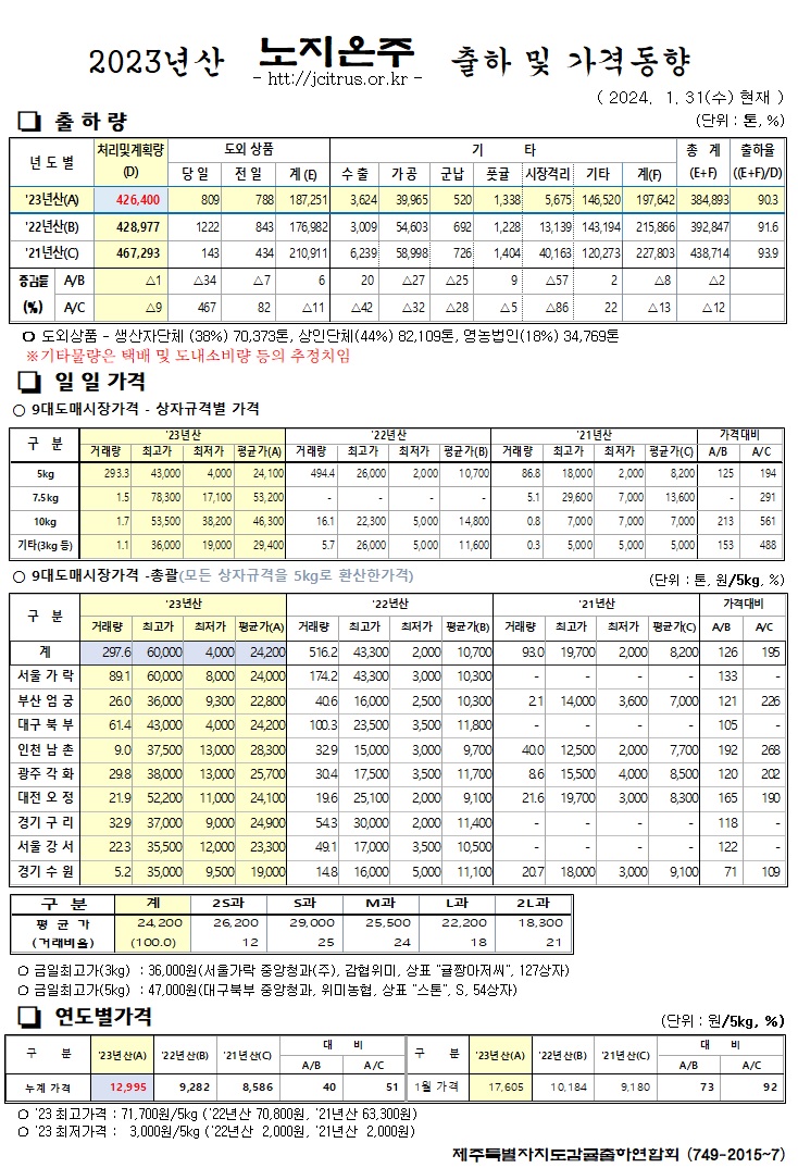 [노지온주]2023년산 출하 및 가격동향(1/31)
