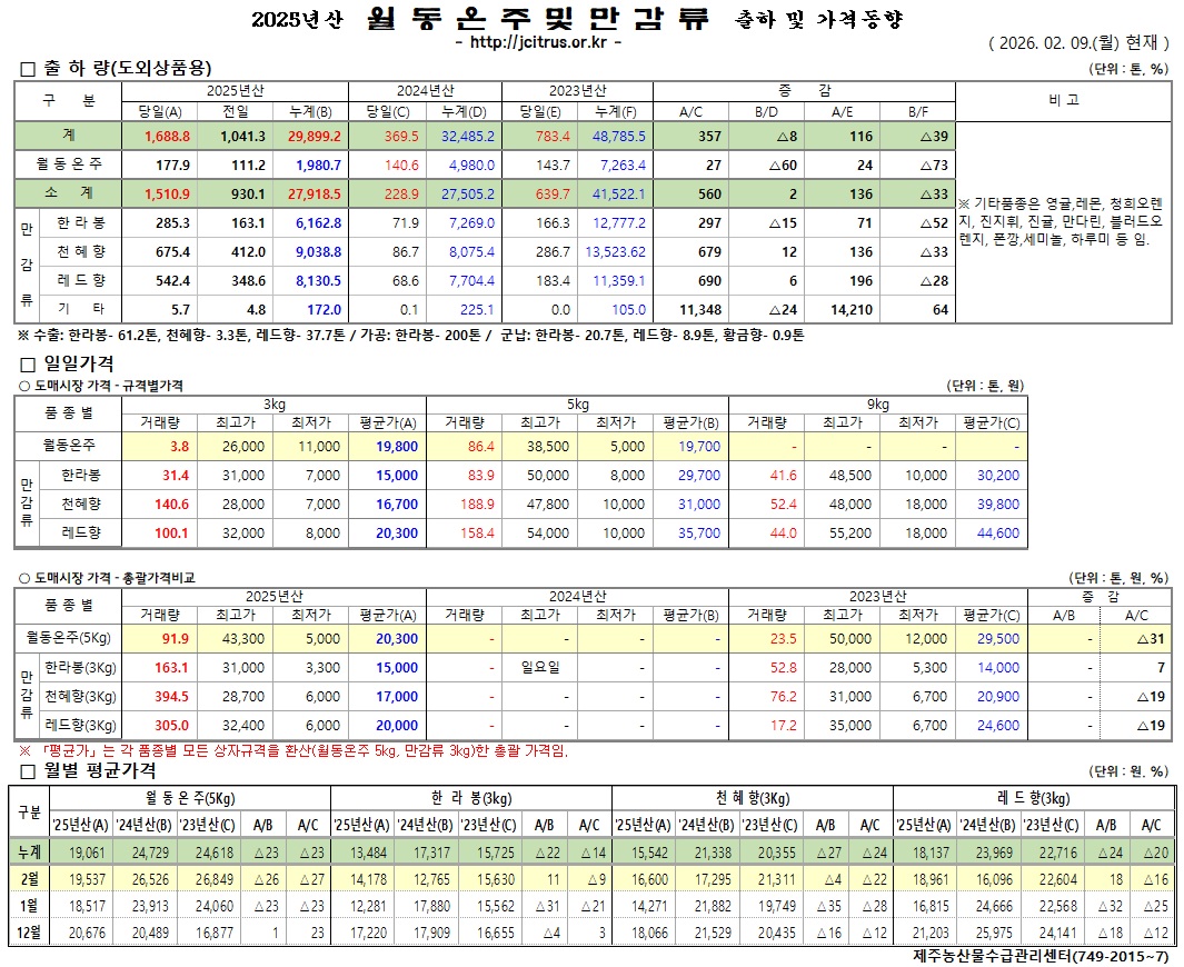 [월동&만감]2025년산 출하 및 가격동향(2/9)