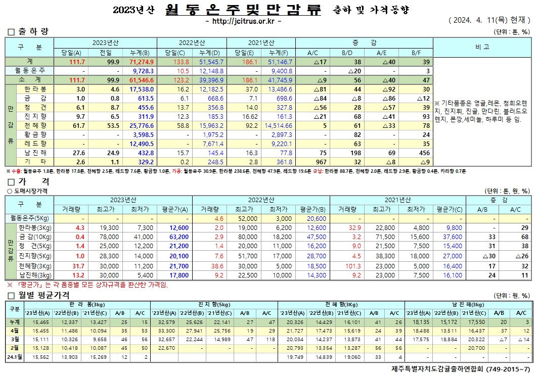 [월동&만감]2023년산 출하 및 가격동향(4/11)