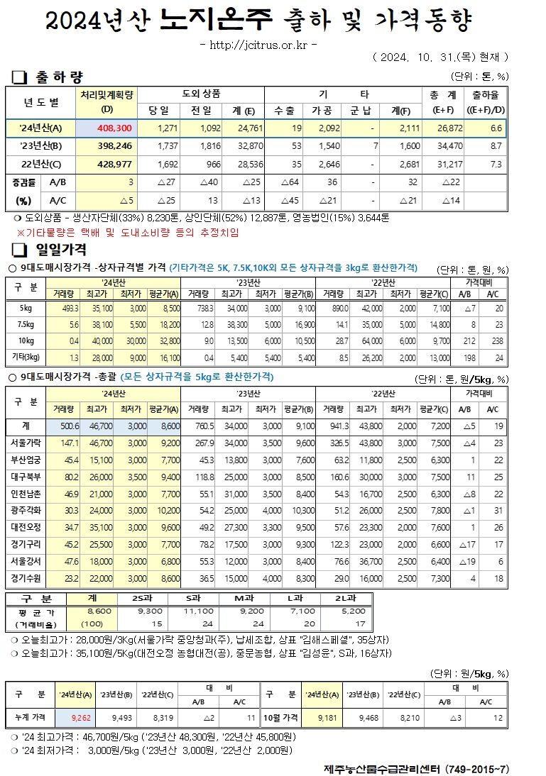 [노지온주]2024년산 출하 및 가격동향(10/31)