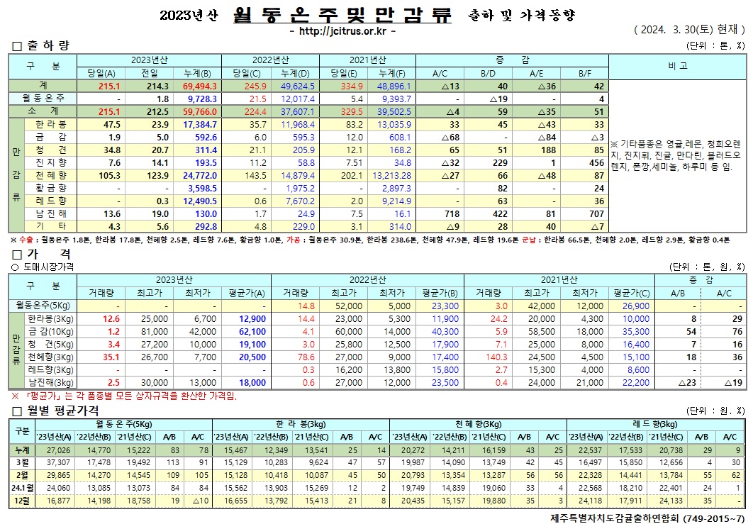 [월동&만감]2023년산 출하 및 가격동향(3/30)