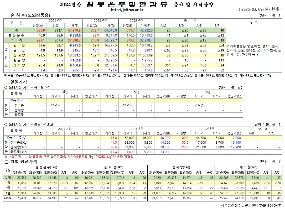 [월동&만감]2024년산 출하 및 가격동향(3/9)